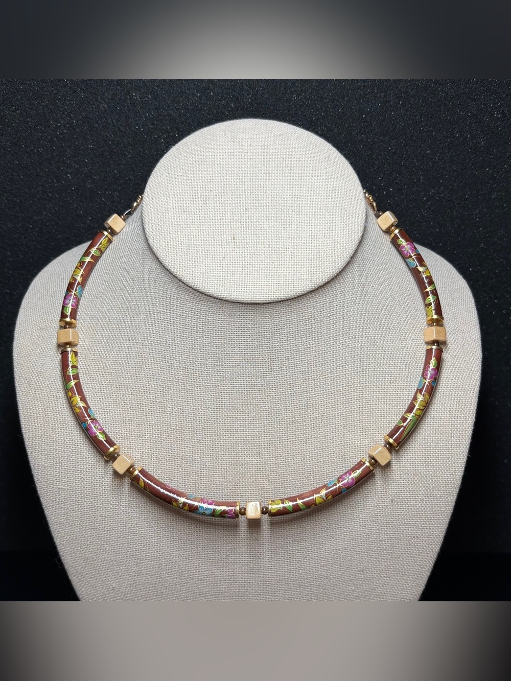 Vintage Cloisonné Floral Enamel Tube Bead Necklace